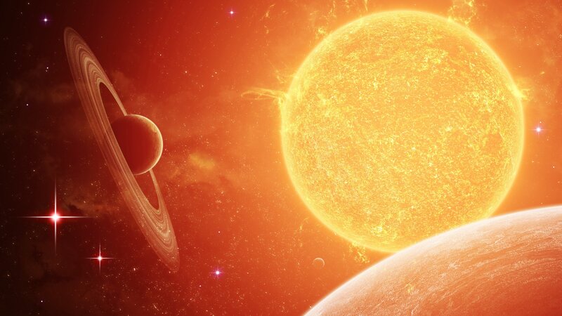 Planet with Rings — Orange, Dramatic, Digital Art, Star, Ring System, Yellow