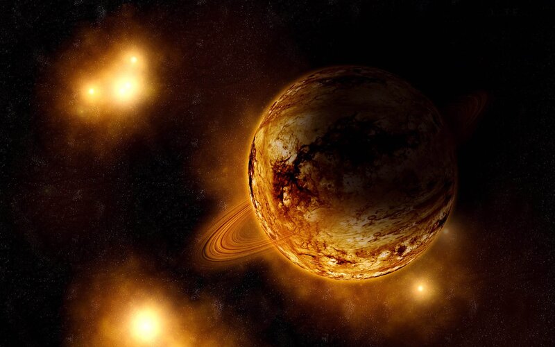 Planet with Rings — Orange, Dramatic, Night, Digital Art