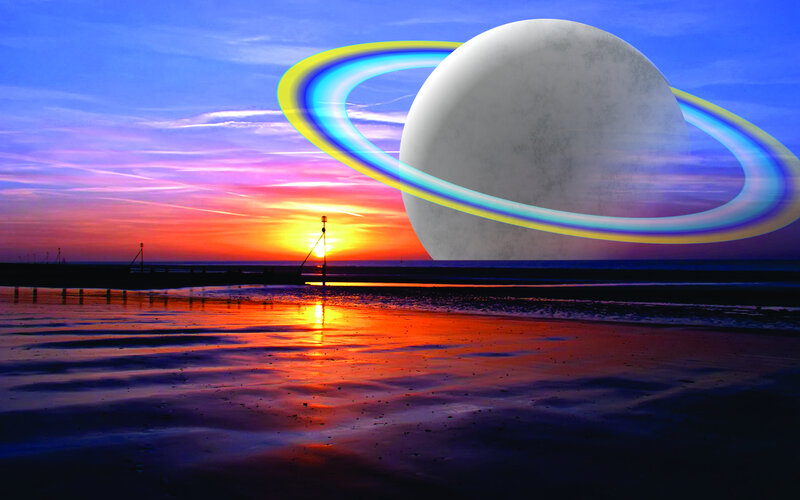 Planet with Rings over Beach — Blue