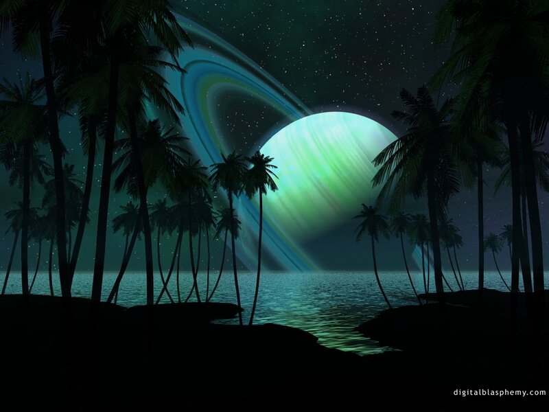Planet with Rings over Beach — Green, Serene, Night, Digital Art, Palm Trees