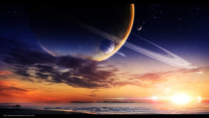 Planet with Rings over Beach — Orange, Dramatic, Sunset