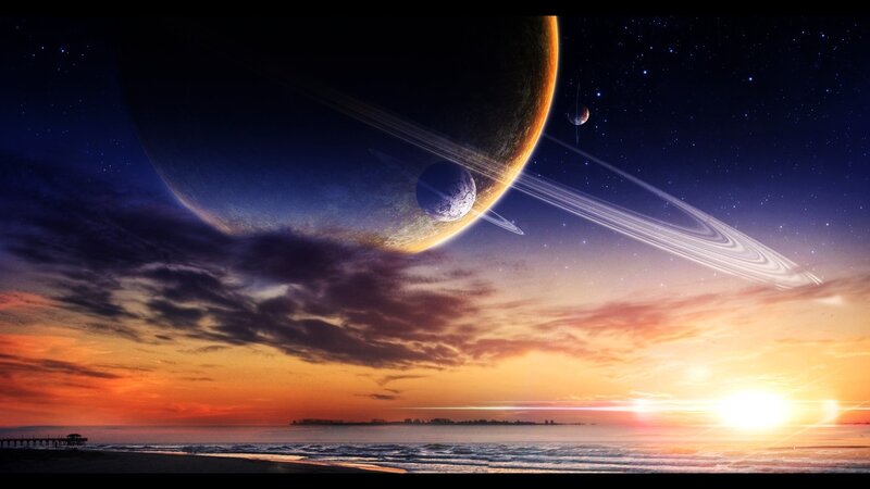 Planet with Rings over Beach — Orange