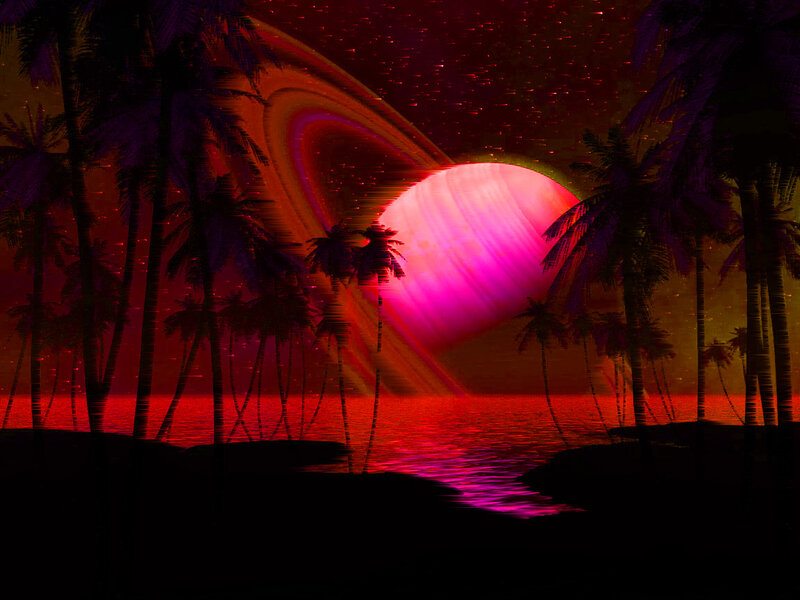 Planet with Rings over Beach — Red