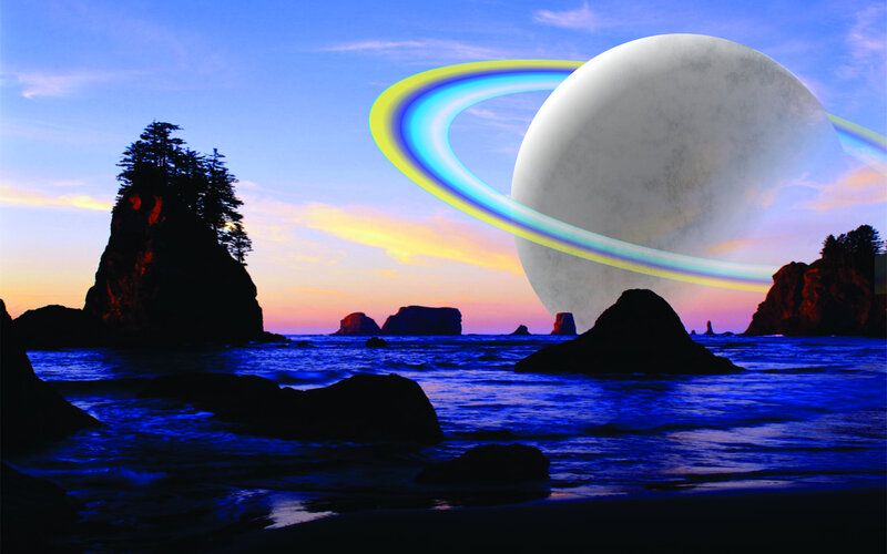 Planet with Rings over Ocean — Blue, Dramatic