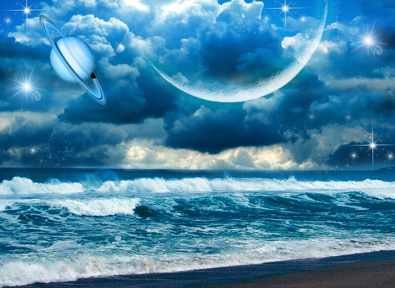 Planet with Rings over Ocean — Blue