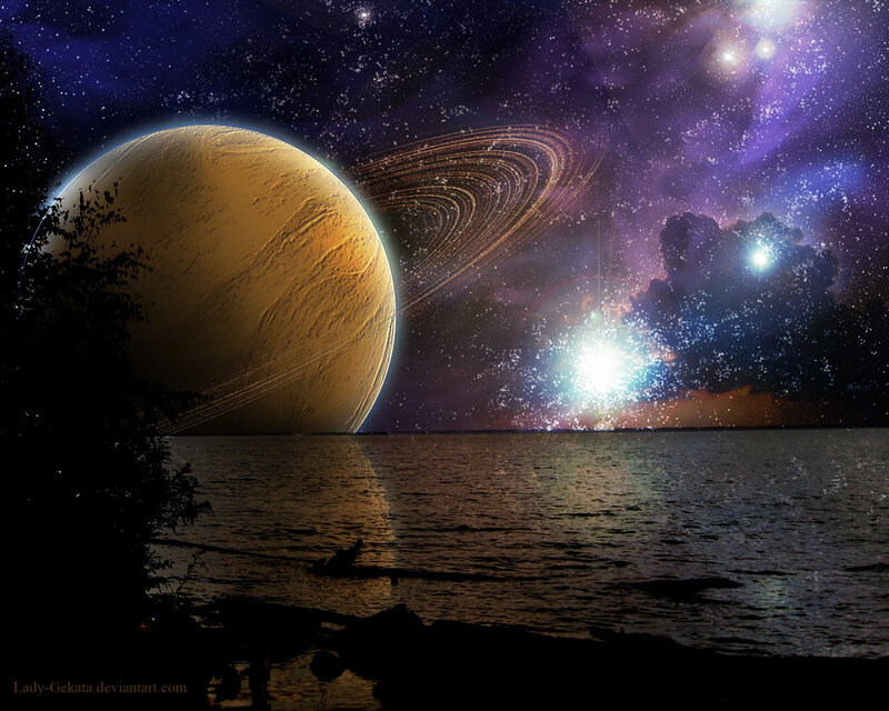 Planet with Rings over Water — Purple, Dramatic, Night