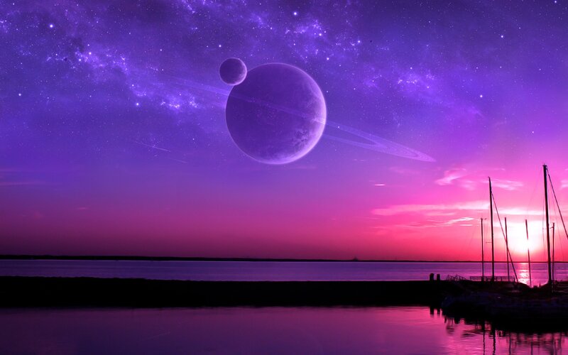 Planet with Rings over Water — Purple, Dramatic, Sunset
