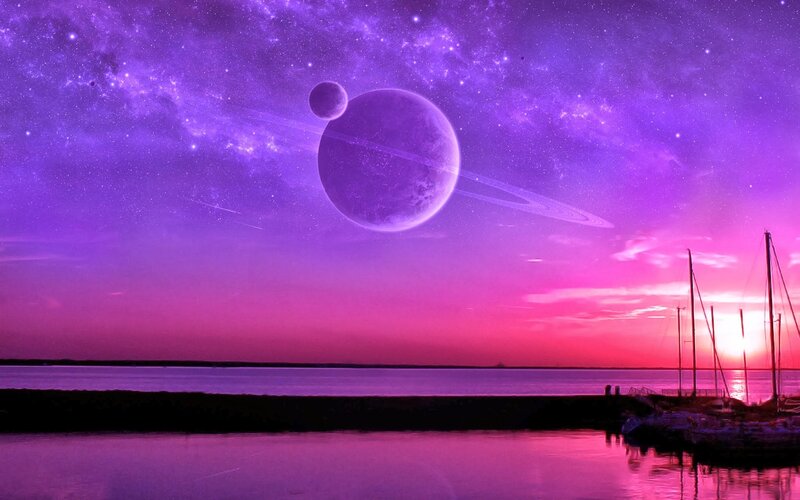 Planet with Rings over Water — Purple, Dramatic