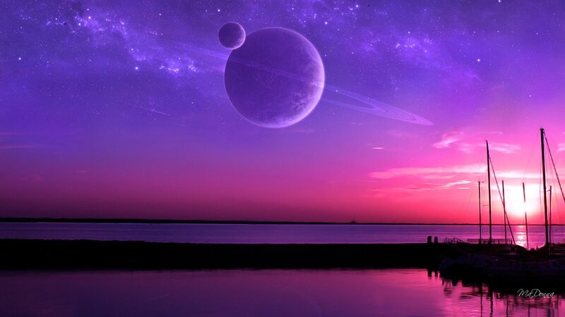 Planet with Rings over Water — Purple