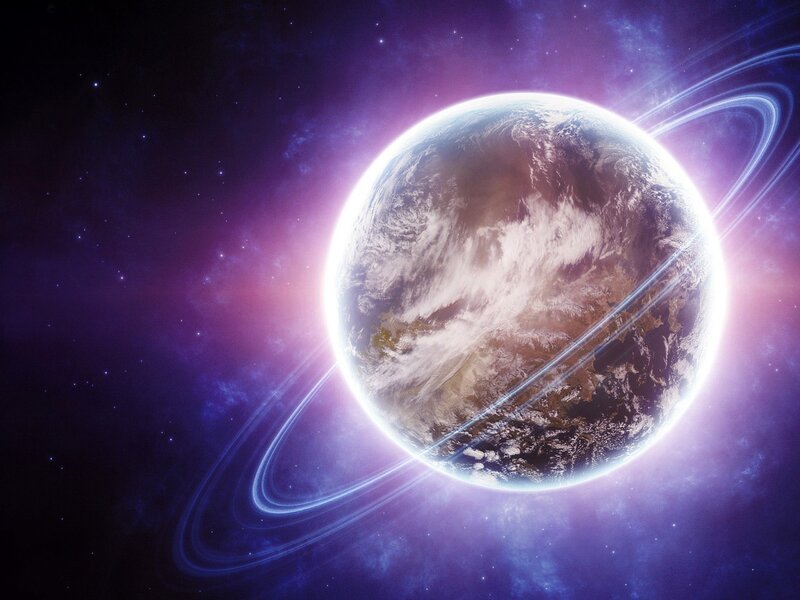 Planet with Rings — Purple, Dramatic, Digital Art, Stars, Clouds, Space