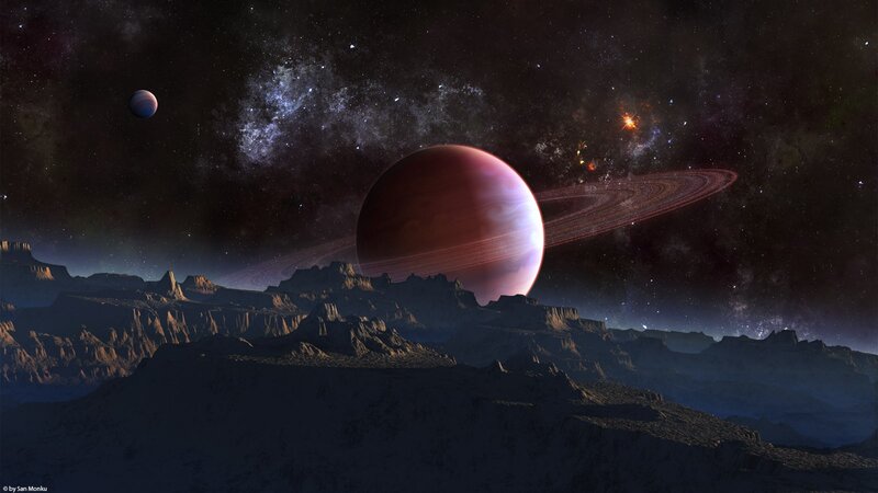 Planet with Rings — Purple, Dramatic, Night, Digital Art, Mountain Range, Stars