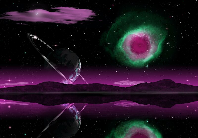 Planet with Rings — Purple, Dramatic, Night, Digital Art, Mountains
