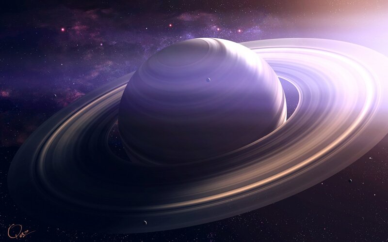 Planet with Rings — Purple, Dramatic, Night, Digital Art, Stars, Moon