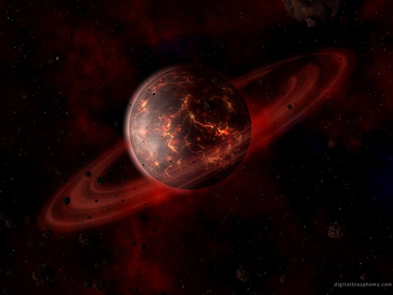 Planet with Rings — Red, Dramatic, Digital Art, Asteroids, Nebula, Black