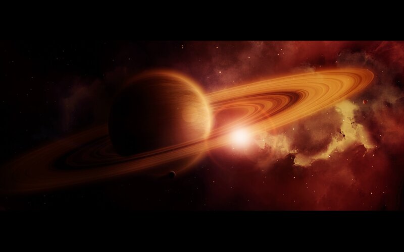 Planet with Rings — Red, Dramatic, Digital Art, Stars, Nebula, Moon