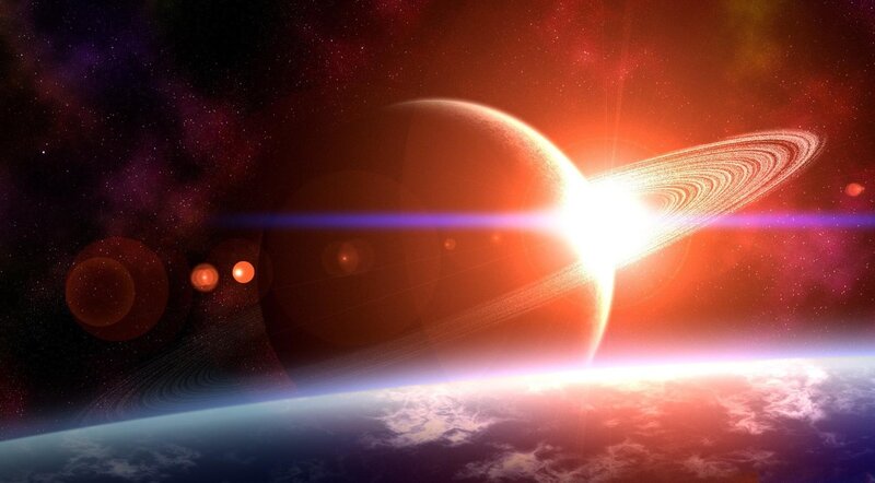 Planet with Rings — Red, Dramatic, Digital Art, Stars, Nebula