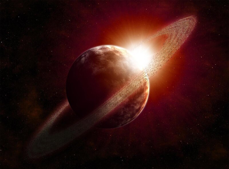 Planet with Rings — Red, Dramatic, Digital Art, Stars, Space