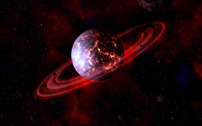 Planet with Rings — Red, Dramatic, Night, Digital Art, Asteroids