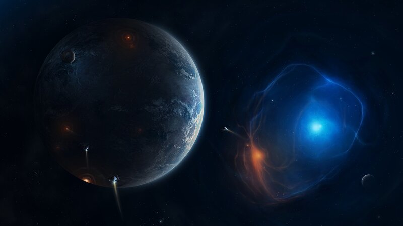 Planet with Spacecraft — Blue, Dramatic