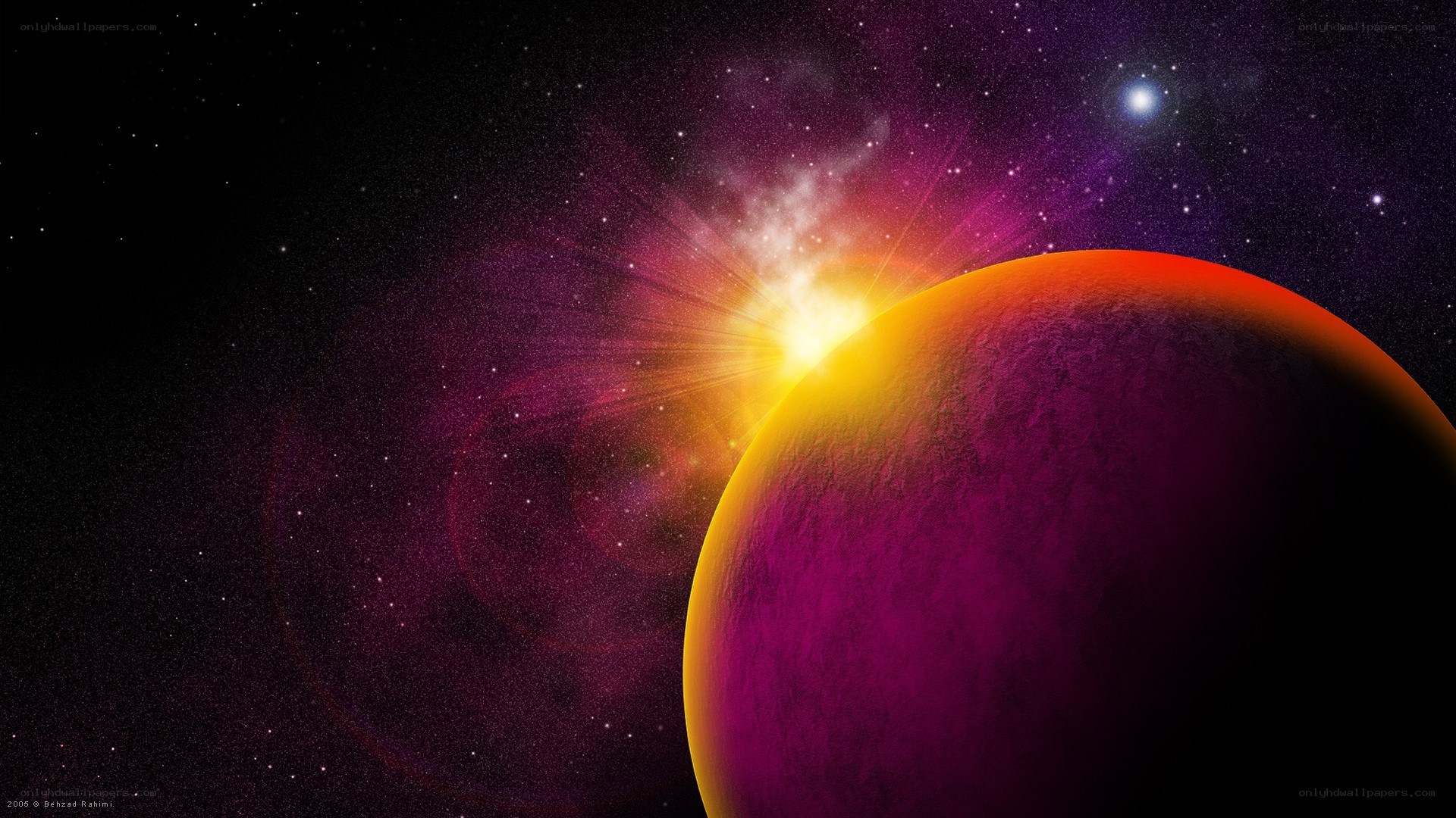 Planet with starburst in space