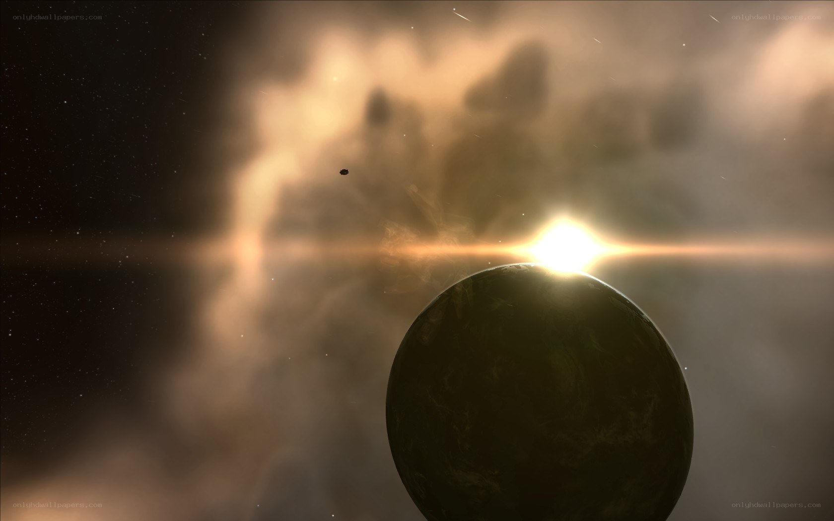 Planet with starburst in space