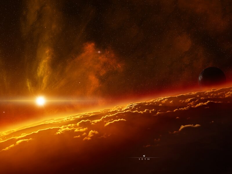 Planet with Sun and Nebula