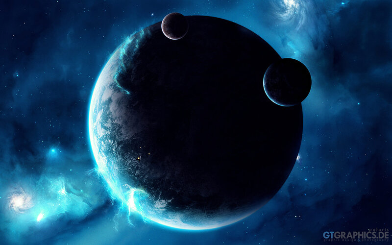 Planet with Two Moons — Blue, Dramatic, Digital Art