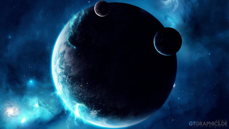 Planet with Two Moons — Blue, Dramatic, Night, Digital Art, Nebula