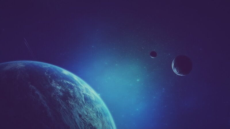 Planet with Two Moons — Blue, Serene, Digital Art