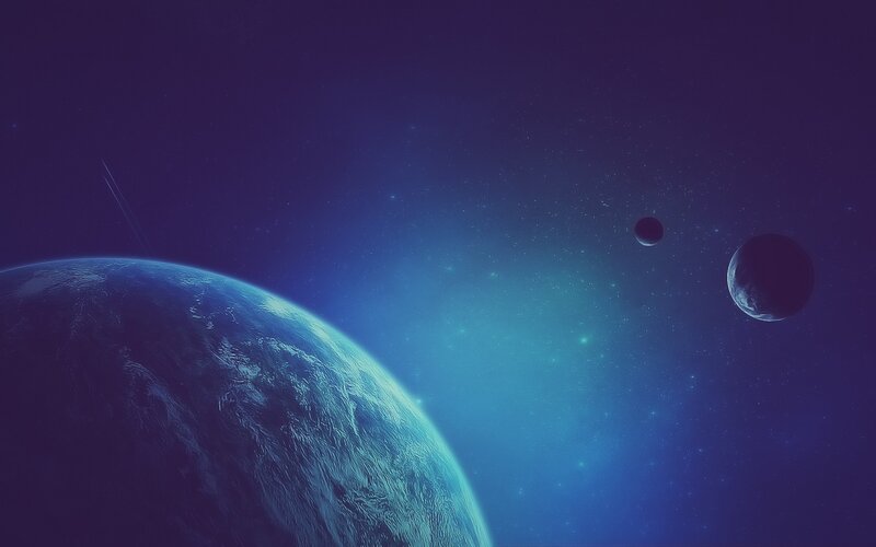 Planet with Two Moons — Blue, Serene, Night, Digital Art