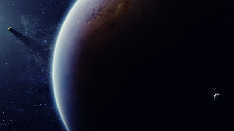 Planet with two moons in space