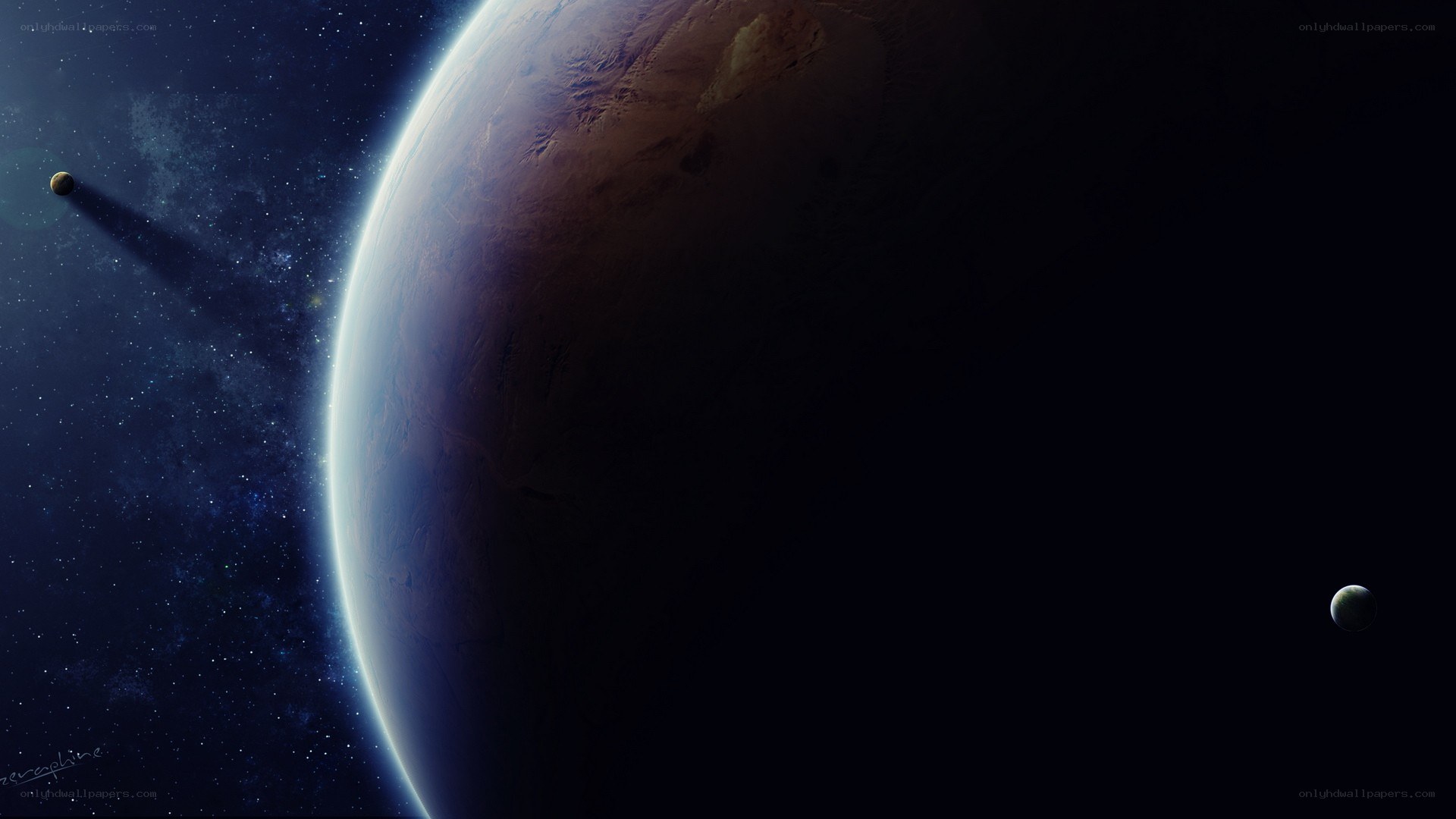 Planet with two moons in space