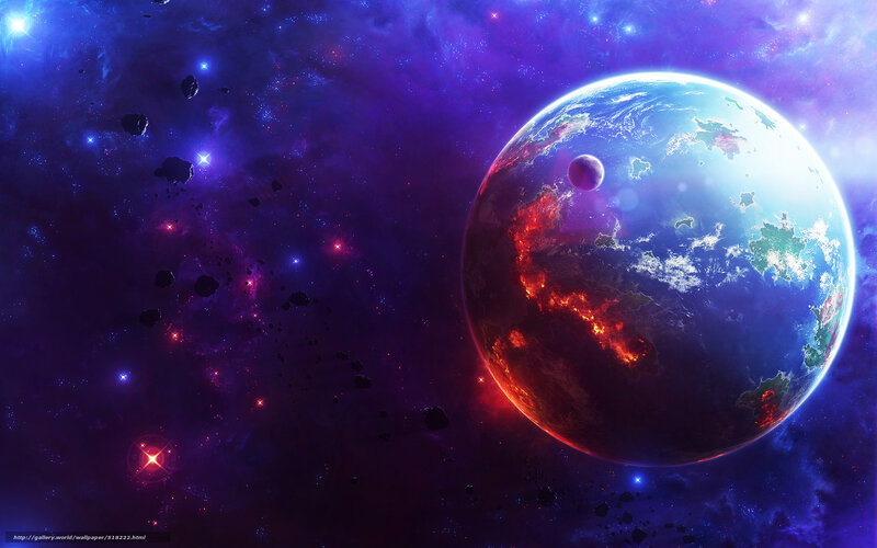 Planet with Volcanic Activity — Purple, Dramatic, Digital Art, Asteroids, Stars