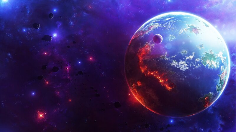 Planet with Volcanic Activity — Purple, Dramatic, Digital Art
