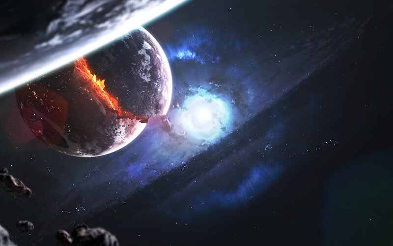 Planet with Volcanic Eruption — Blue, Dramatic, Digital Art, Asteroids