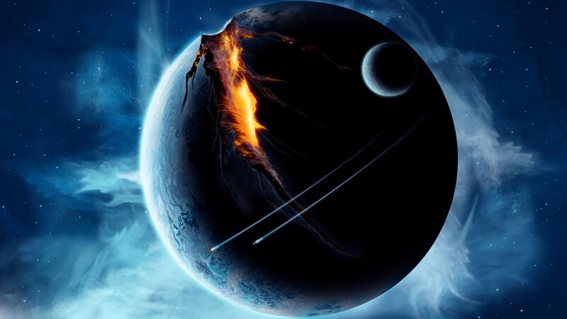 Planet with Volcanic Eruption — Blue, Dramatic, Night, Digital Art, Moon, Meteor