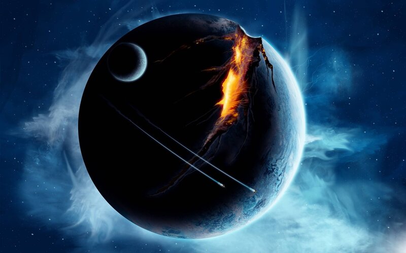 Planet with Volcanic Eruption — Blue, Dramatic, Night, Digital Art, Moon, Meteorites
