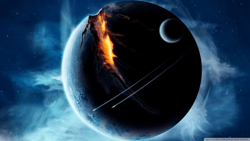 Planet with Volcanic Eruption — Blue, Dramatic, Night, Digital Art, Moon, Space Debris