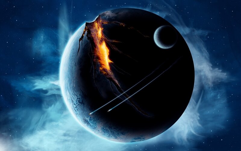 Planet with Volcanic Eruption — Blue, Dramatic, Night, Digital Art, Moon
