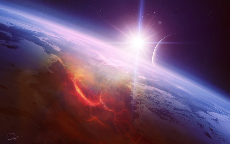 Planet with Volcanic Eruption — Blue, Dramatic, Night, Digital Art, Sun