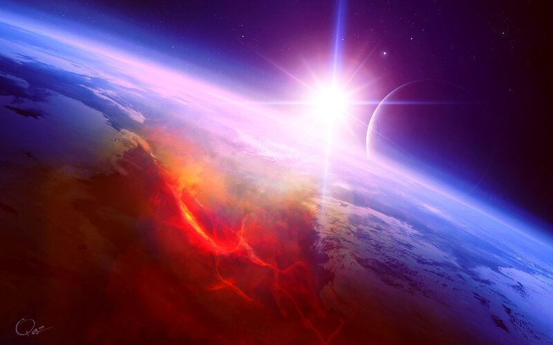 Planet with Volcanic Eruption — Blue, Dramatic, Night, Digital Art