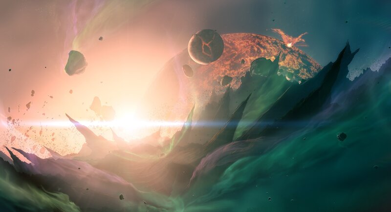 Planetary Collision — Green, Dramatic, Digital Art, Asteroids