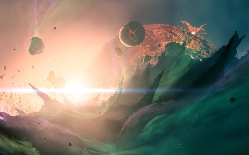 Planetary Collision — Green, Dramatic, Digital Art