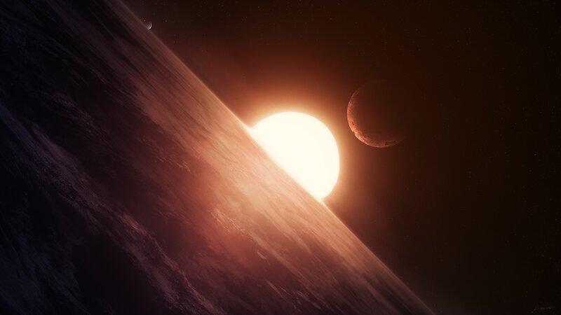 Planetary sunset with moon
