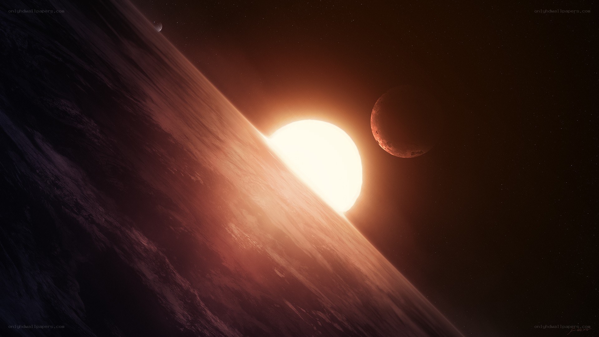 Planetary sunset with moon