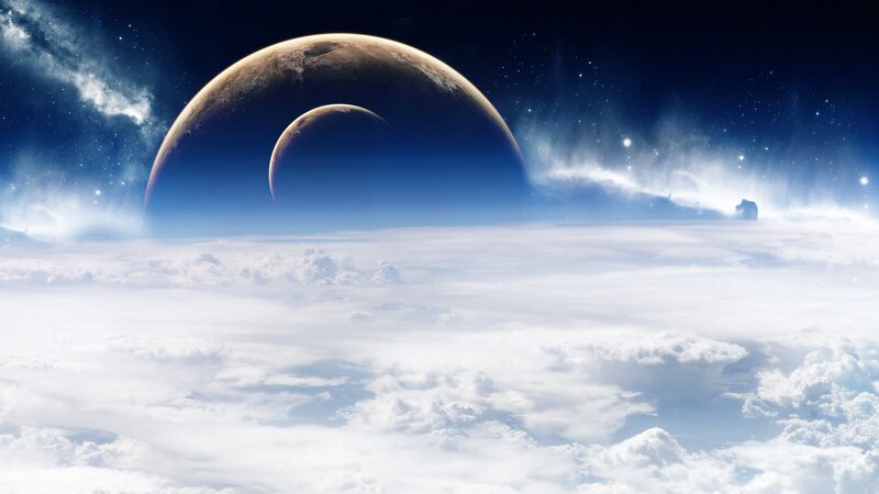 Planets Above Clouds — Blue, Serene, Digital Art, Stars
