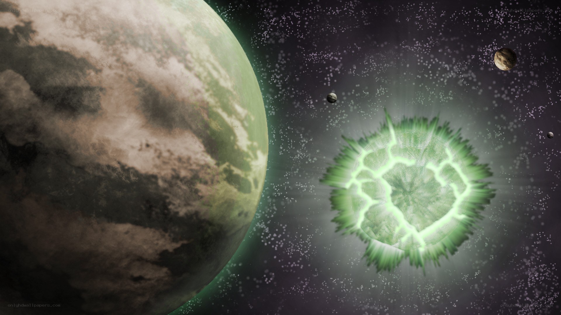 Planets and a glowing green sphere