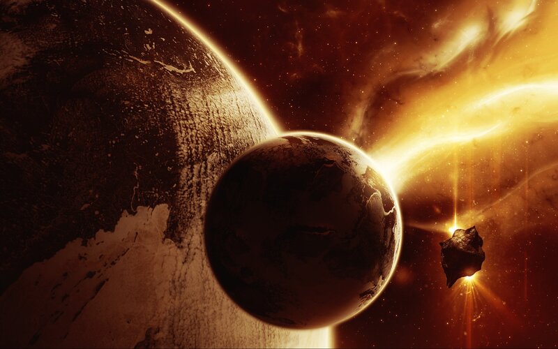 Planets and asteroid in space