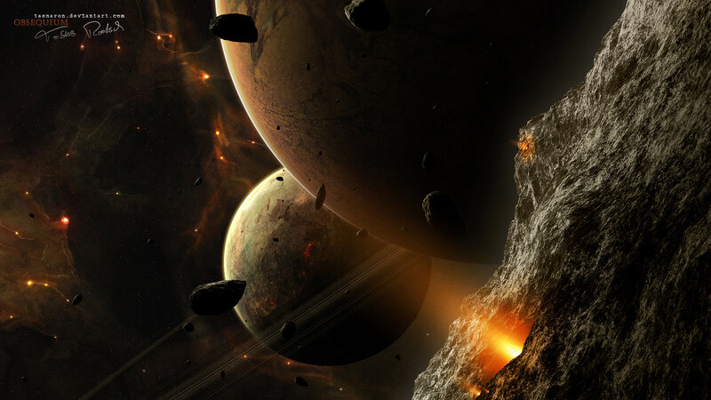 Planets and Asteroids in Space — Black, Dramatic, Digital Art, Nebula, Planet Rings