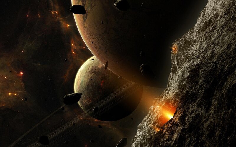 Planets and Asteroids in Space — Black, Dramatic, Digital Art, Nebula, Stars